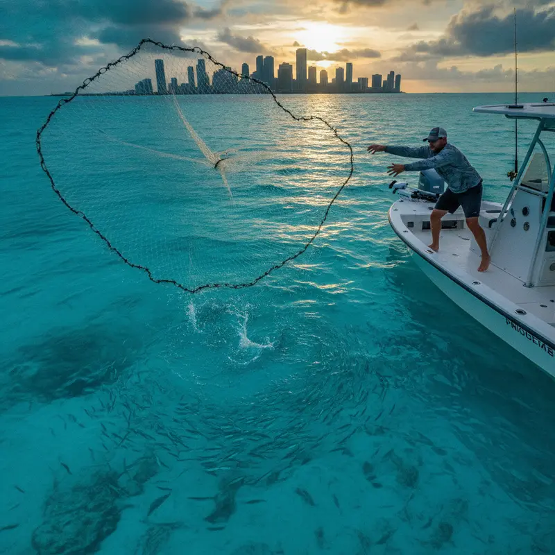 Angler loading a livewell with fresh pilchards before a Miami fishing charter