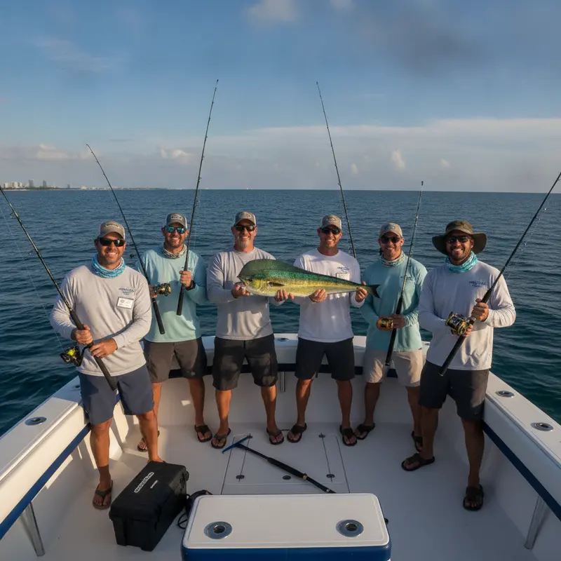 Captain guiding an angler aboard a Miami fishing charter with the skyline behind