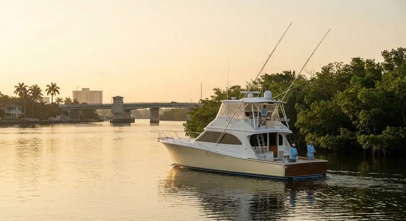 Angler casting along a mangrove-lined Fort Lauderdale inshore waterway at dawn