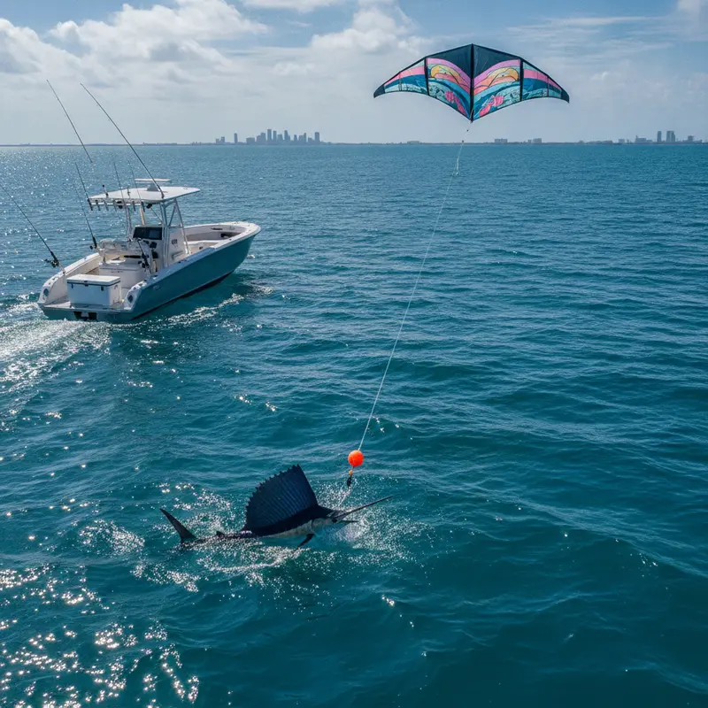 Fishing kites flying baits on the surface off Miami during sailfish season