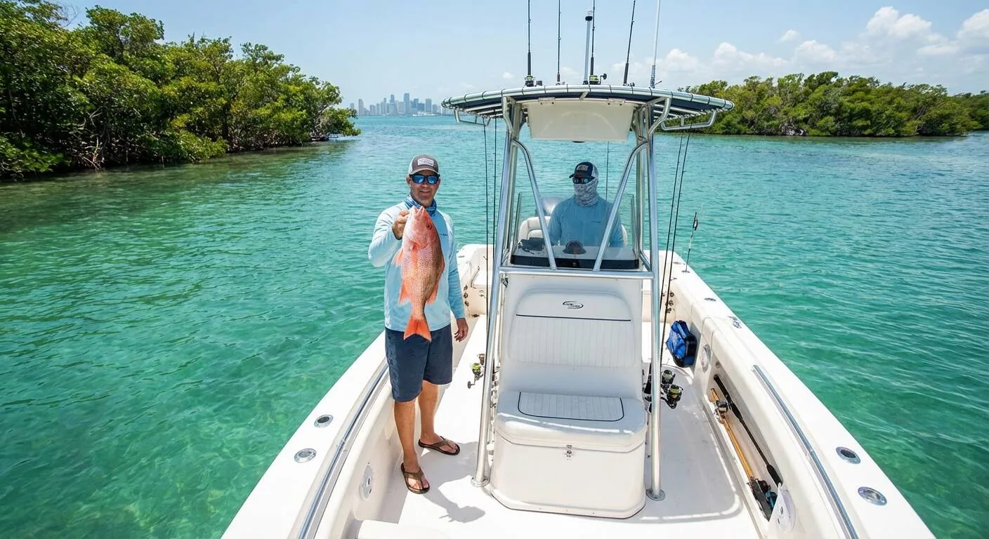 Angler holding a mangrove snapper caught near a Miami bridge piling