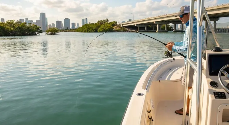 Angler fighting a big crevalle jack in Miami inshore waters - Nomad Fishing Charters