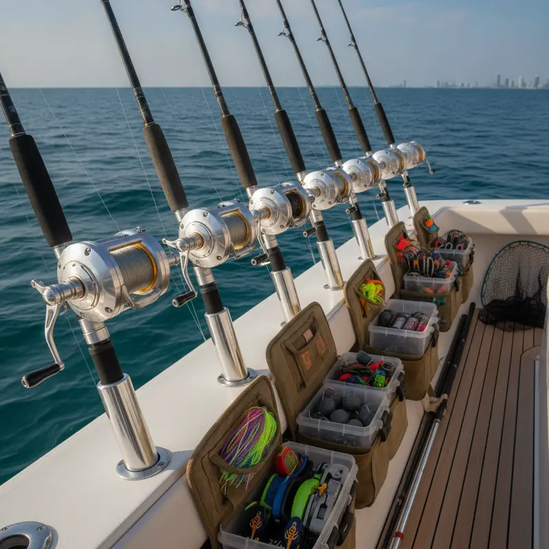Offshore rods, reels, and tackle rigged for a Miami fishing charter - Nomad Fishing Charters
