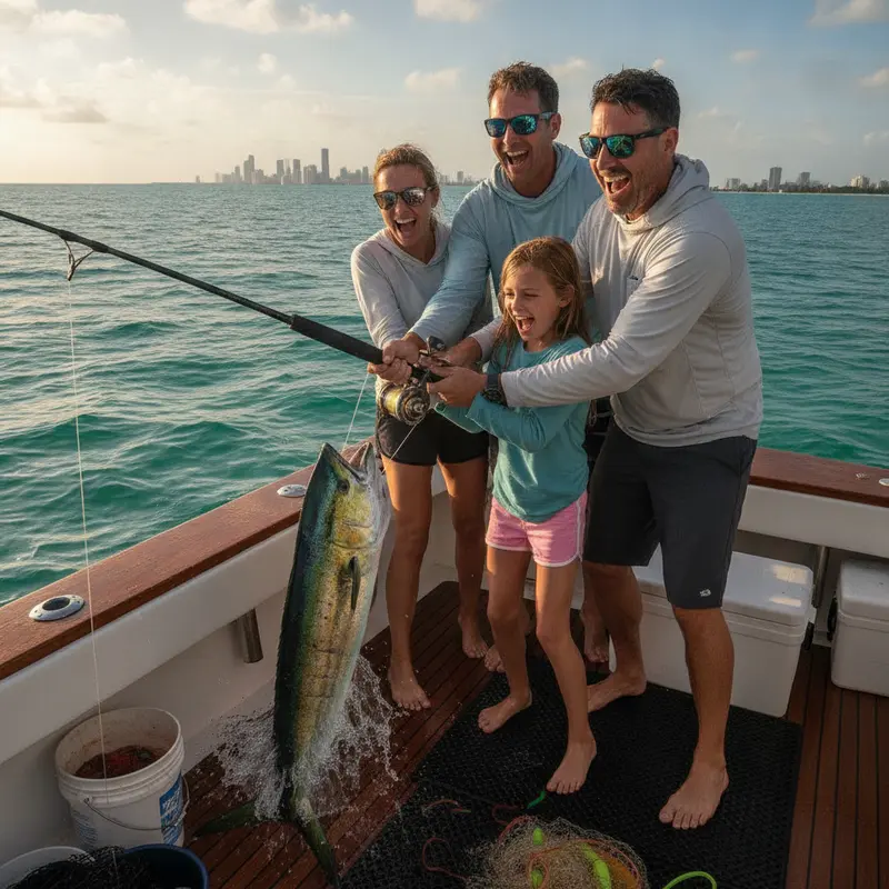Kids reeling in their first fish on a family charter in Miami - Nomad Fishing Charters