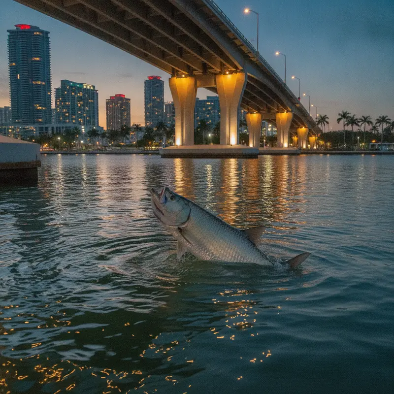 Tarpon rolling under a lit Miami bridge at night during an urban charter - Nomad Fishing Charters