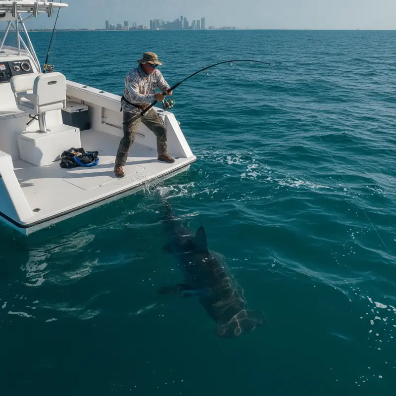 Angler battling a powerful shark on heavy tackle offshore of Miami, FL - Nomad Fishing Charters
