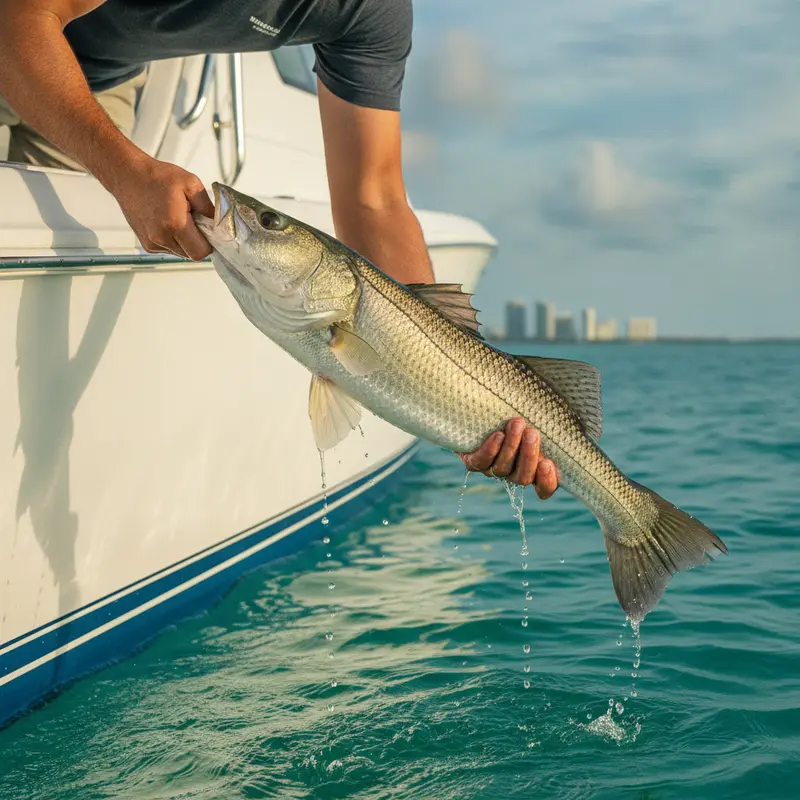 Captain releasing a fish boatside on a sustainable Miami fishing charter, FL - Nomad Fishing Charters