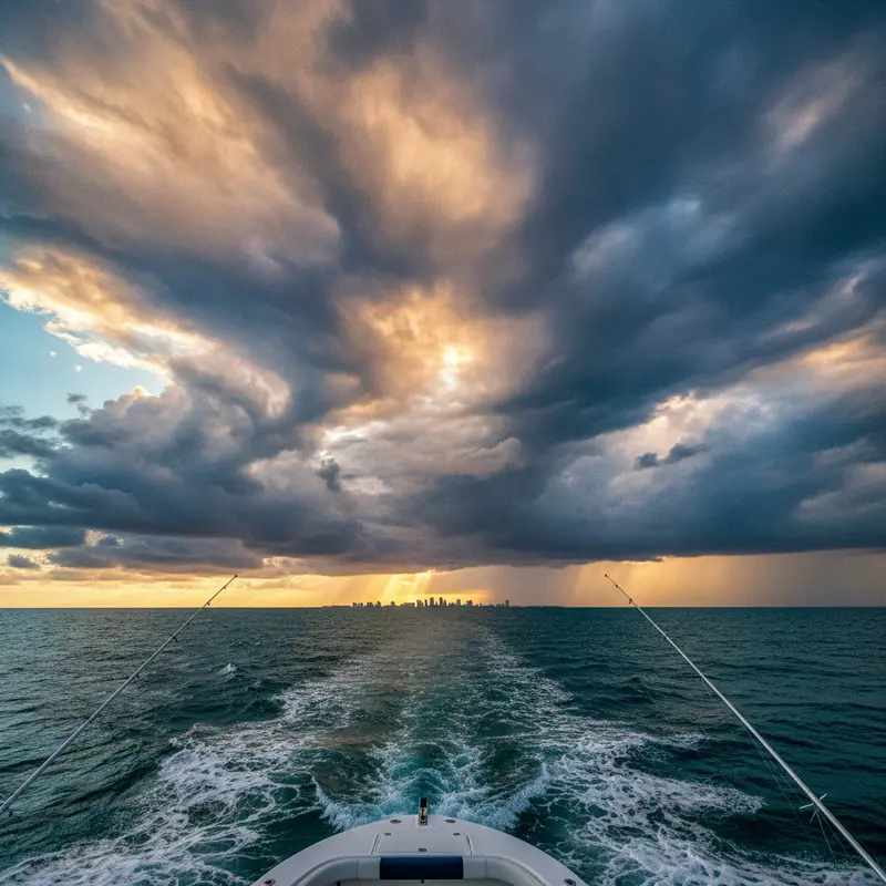 Storm clouds over the ocean during an offshore fishing trip off Miami, FL - Nomad Fishing Charters