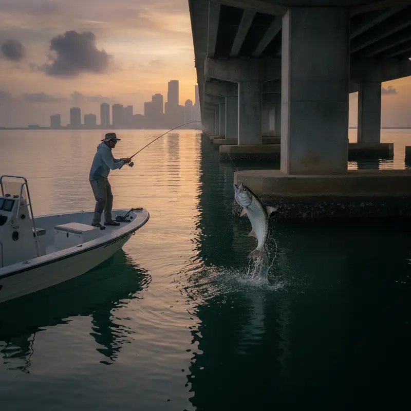 Tarpon fishing at night around a lit Miami bridge over the inlet, FL - Nomad Fishing Charters