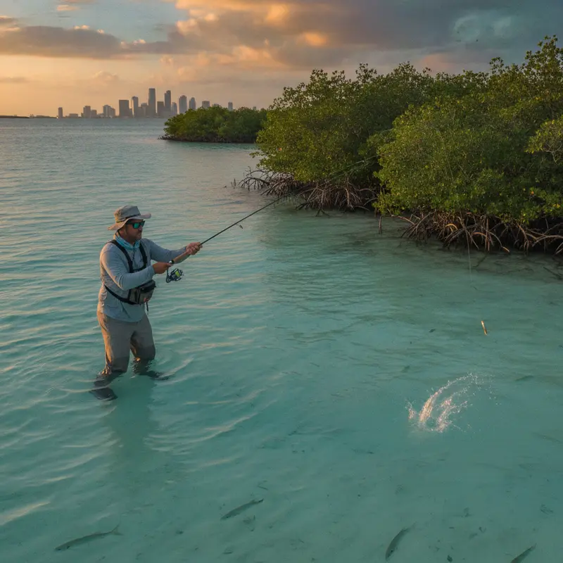 Angler casting along a mangrove shoreline for snook during a Miami inshore fishing trip