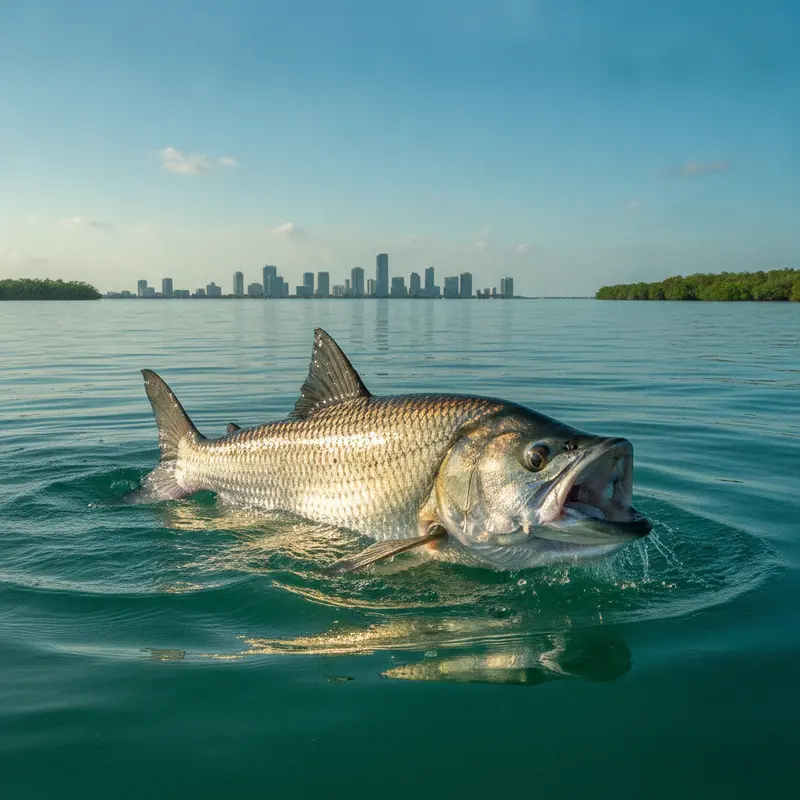 Large tarpon rolling at the surface near a Miami bridge during a charter