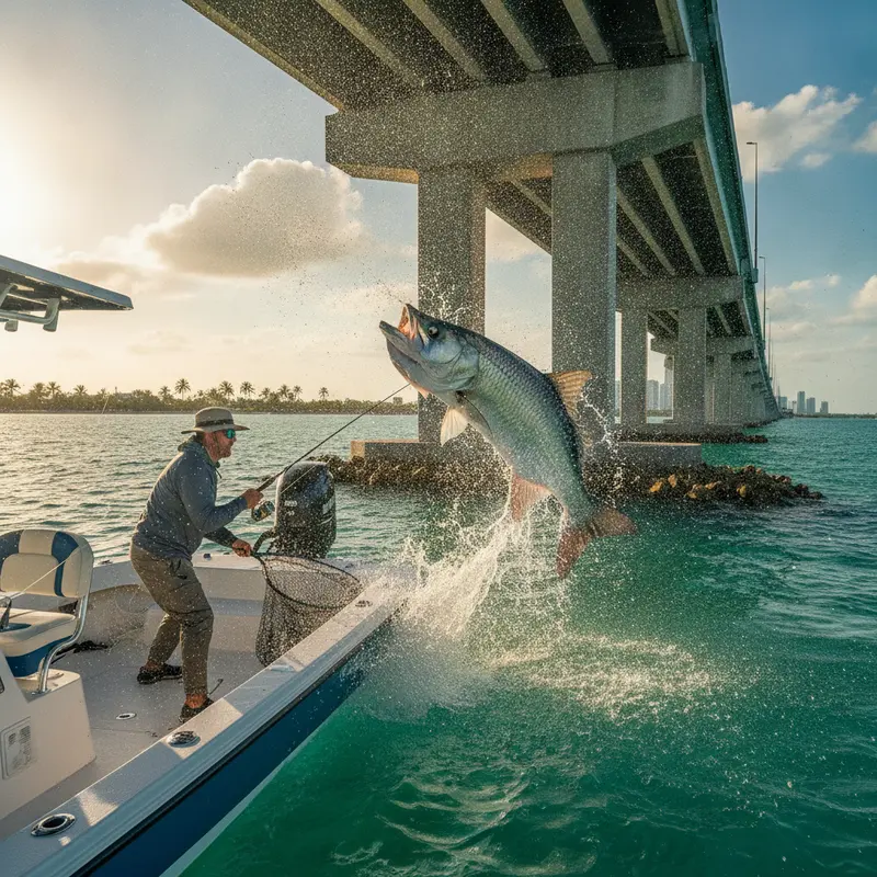 Angler fighting a big spring tarpon at sunrise on Biscayne Bay near Miami