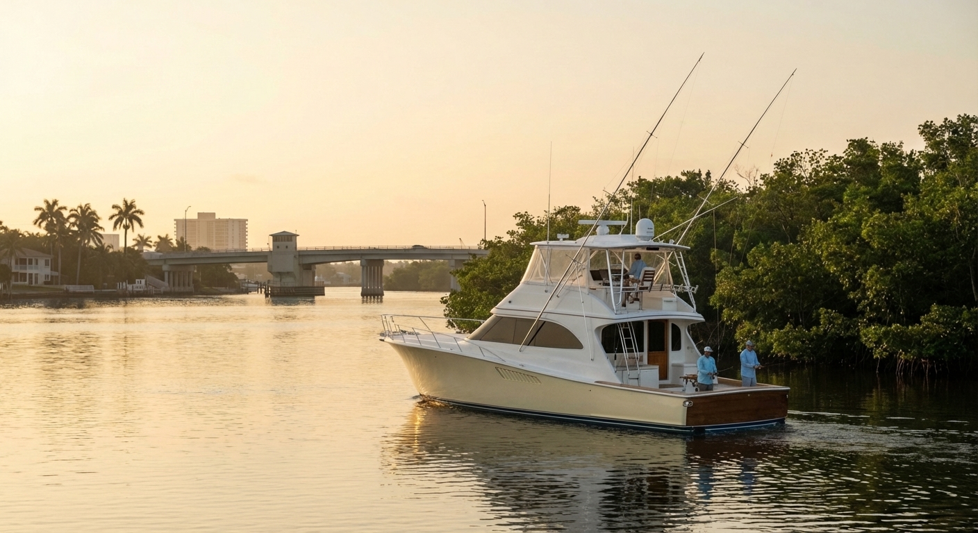 Angler fishing at one of the best inshore fishing spots in Fort Lauderdale, with scenic water and mangroves in the background